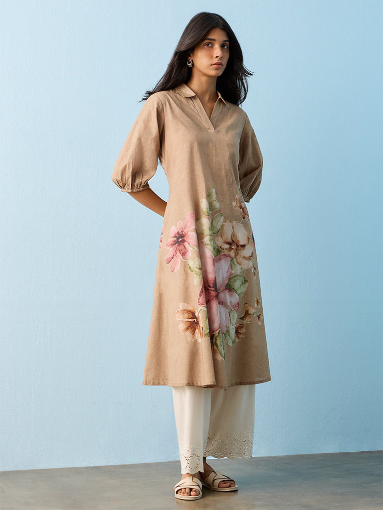 Utsa Taupe Floral Printed Cotton A-line Kurta