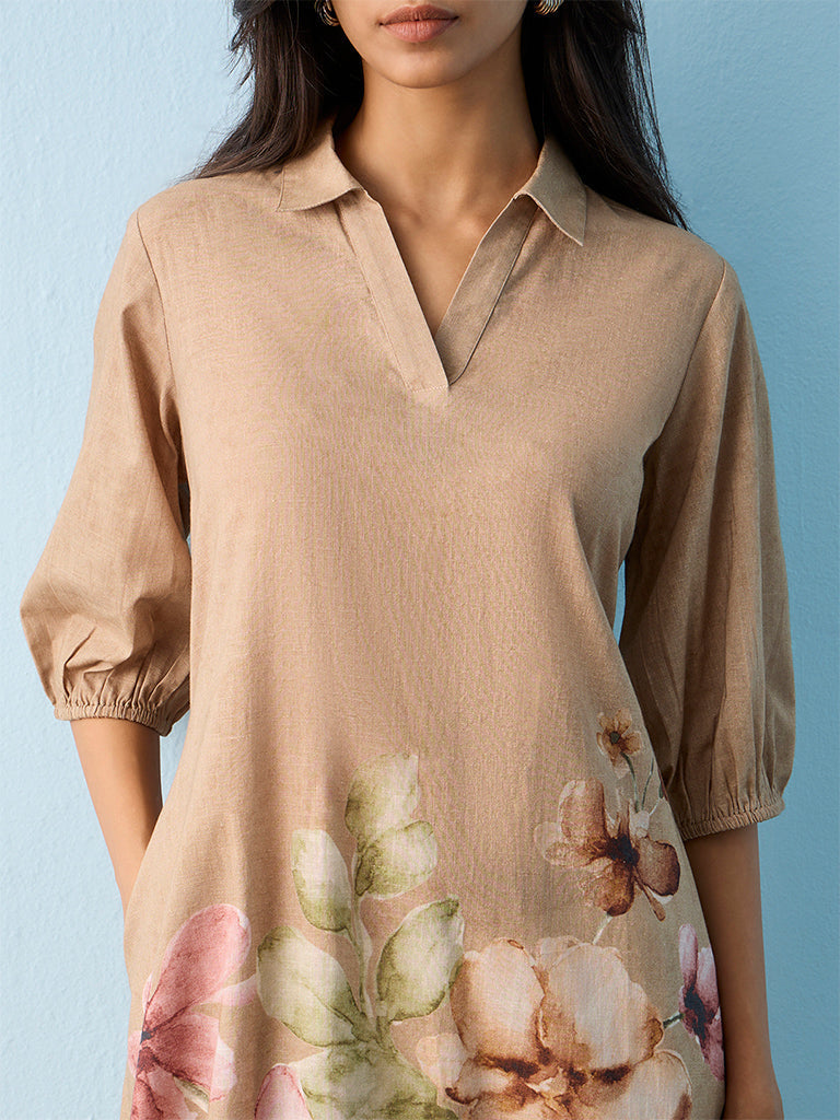 Utsa Taupe Floral Printed Cotton A-line Kurta