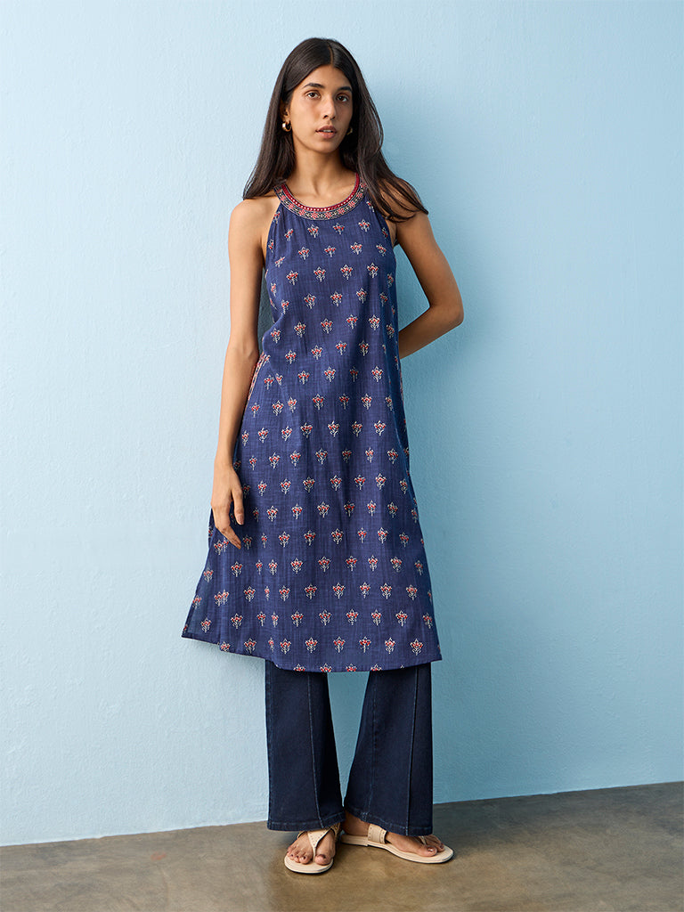 Utsa Indigo Ethnic Pattern Cotton A-Line Kurta