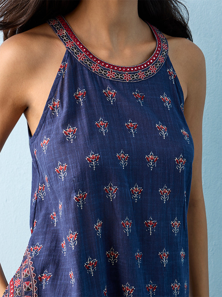Utsa Indigo Ethnic Pattern Cotton A-Line Kurta