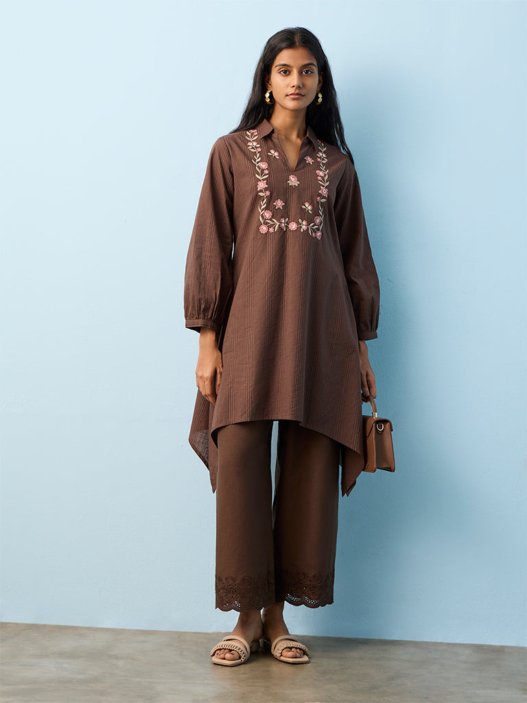 Utsa Dark Brown Floral Embroidered Cotton A-Line Kurta