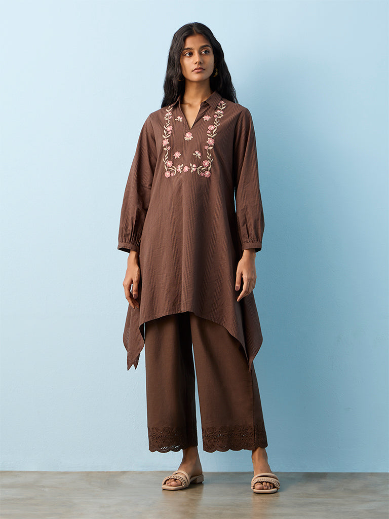Utsa Dark Brown Floral Embroidered Cotton A-Line Kurta