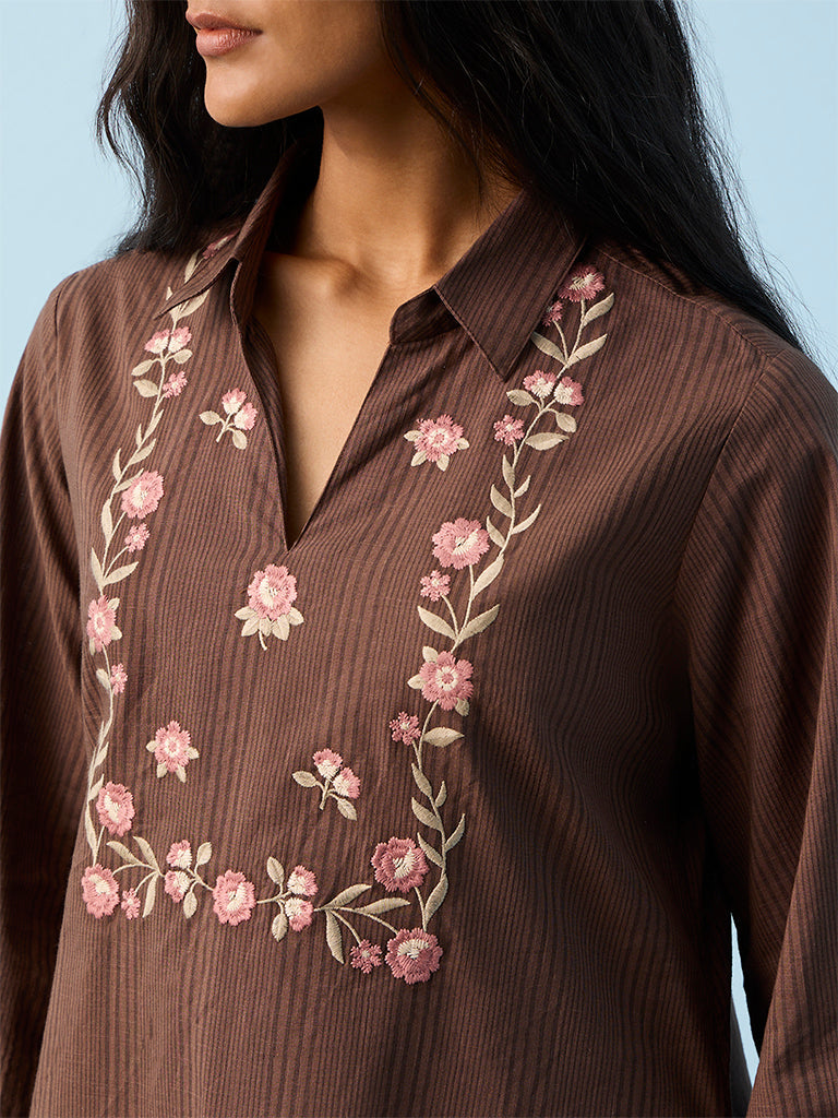 Utsa Dark Brown Floral Embroidered Cotton A-Line Kurta