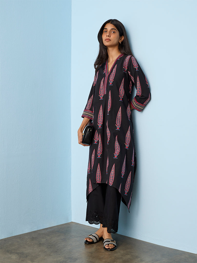 Utsa Black Botanical Pattern Cotton A-line Kurta