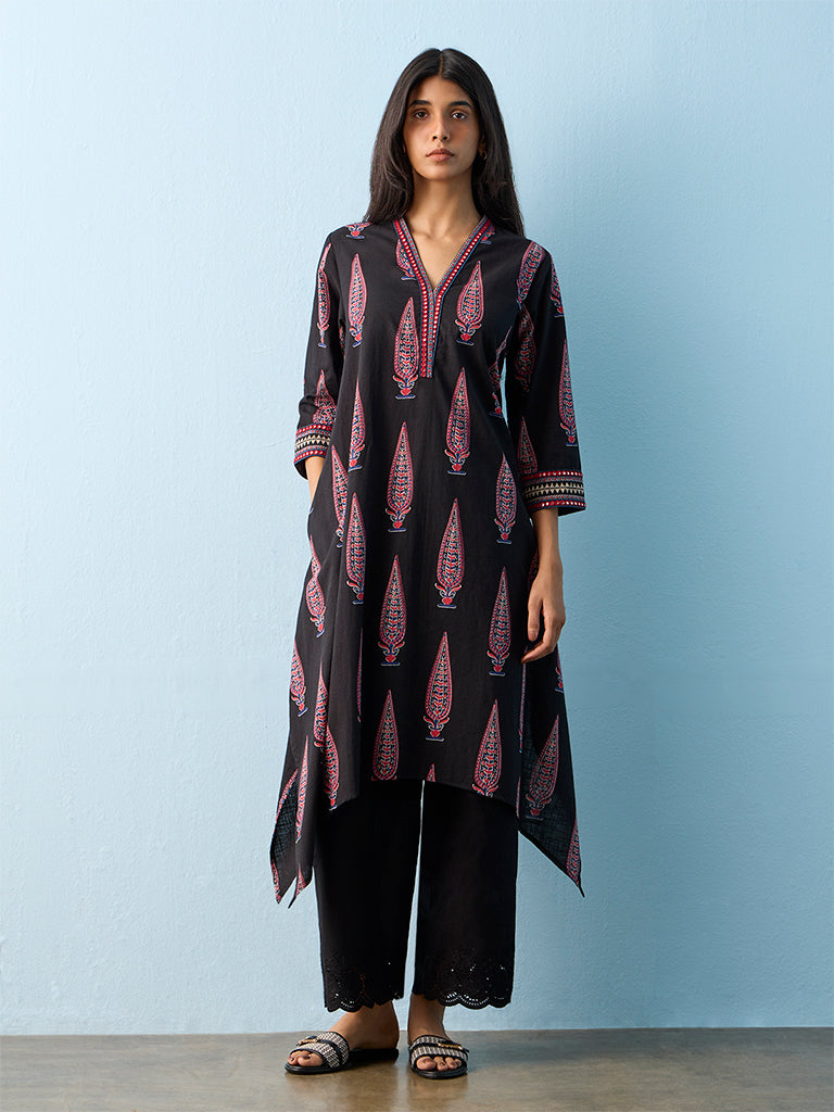 Utsa Black Botanical Pattern Cotton A-line Kurta