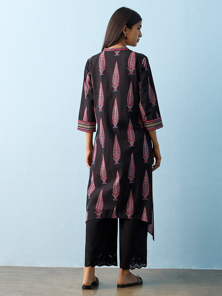 Utsa Black Botanical Pattern Cotton A-line Kurta