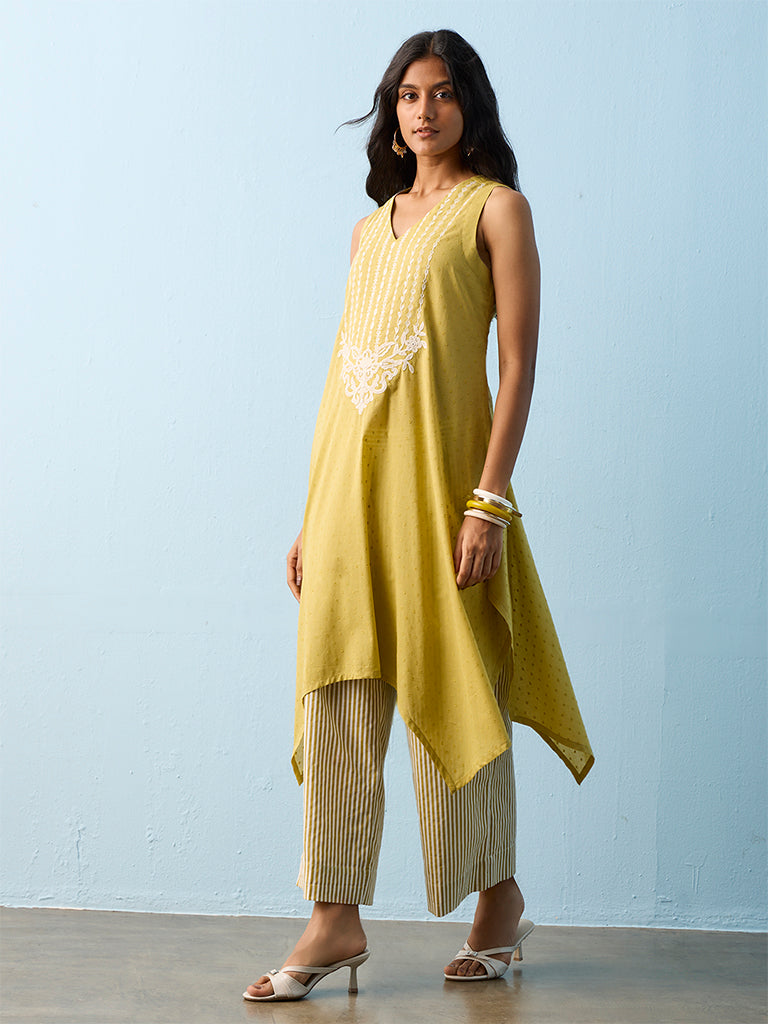 Utsa Lime Floral Embroidered Cotton A-line Kurta