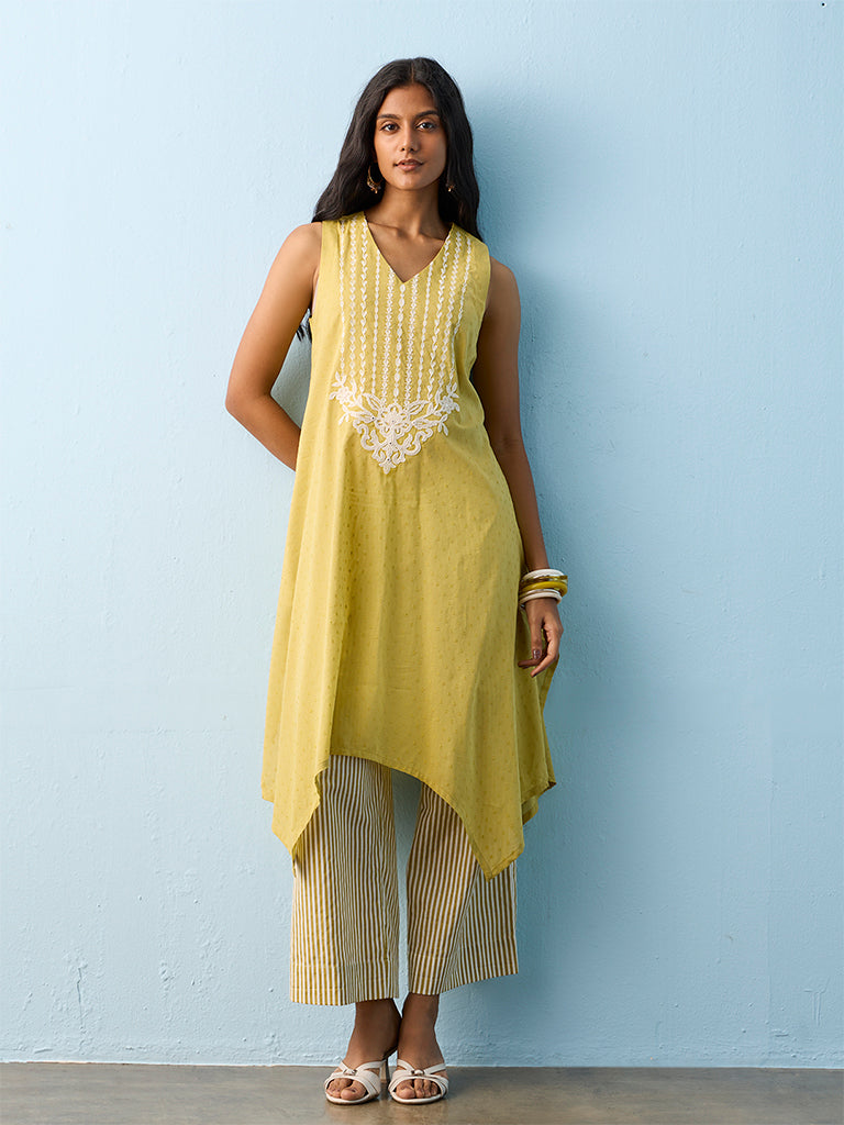 Utsa Lime Floral Embroidered Cotton A-line Kurta