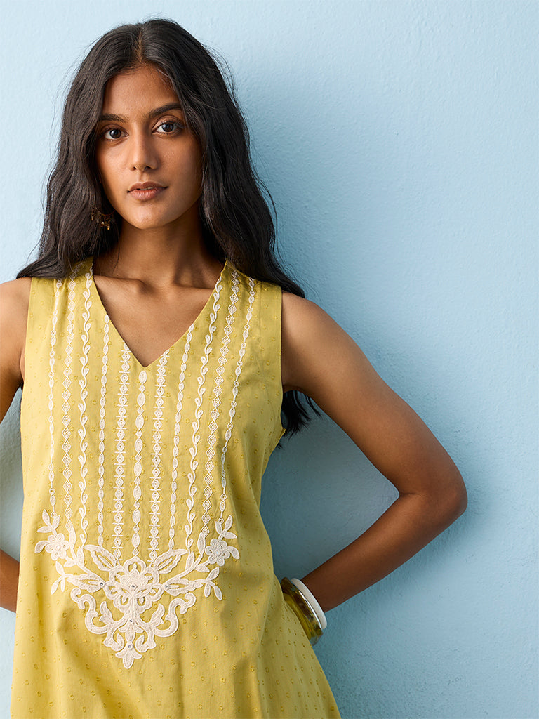 Utsa Lime Floral Embroidered Cotton A-line Kurta