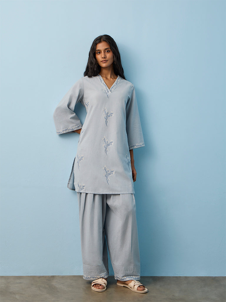 Utsa Light Blue Floral Detail Cotton-Blend Kurti
