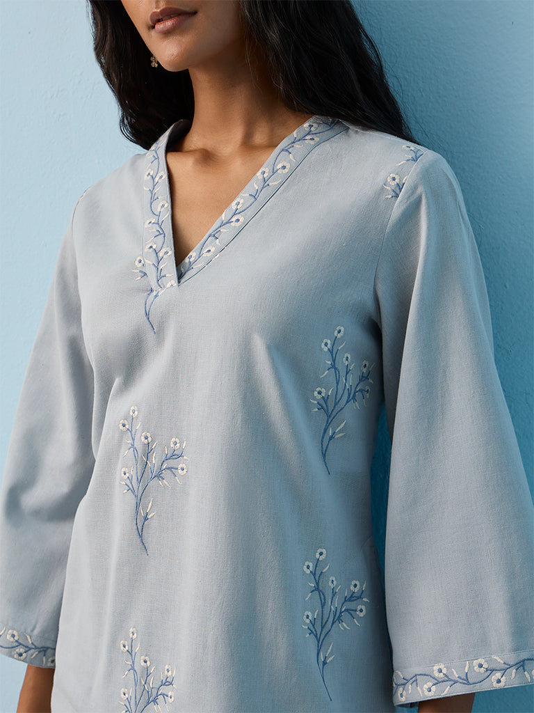 Utsa Light Blue Floral Detail Cotton-Blend Kurti