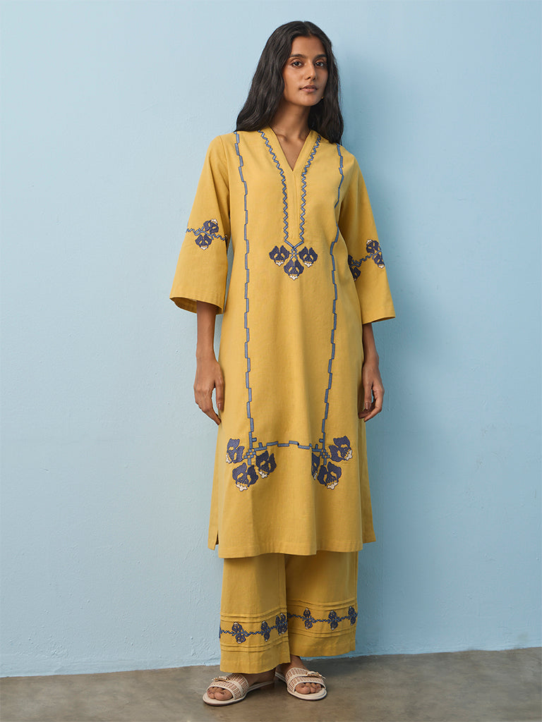 Utsa Yellow Embroidered Cotton-Blend A-Line Kurta