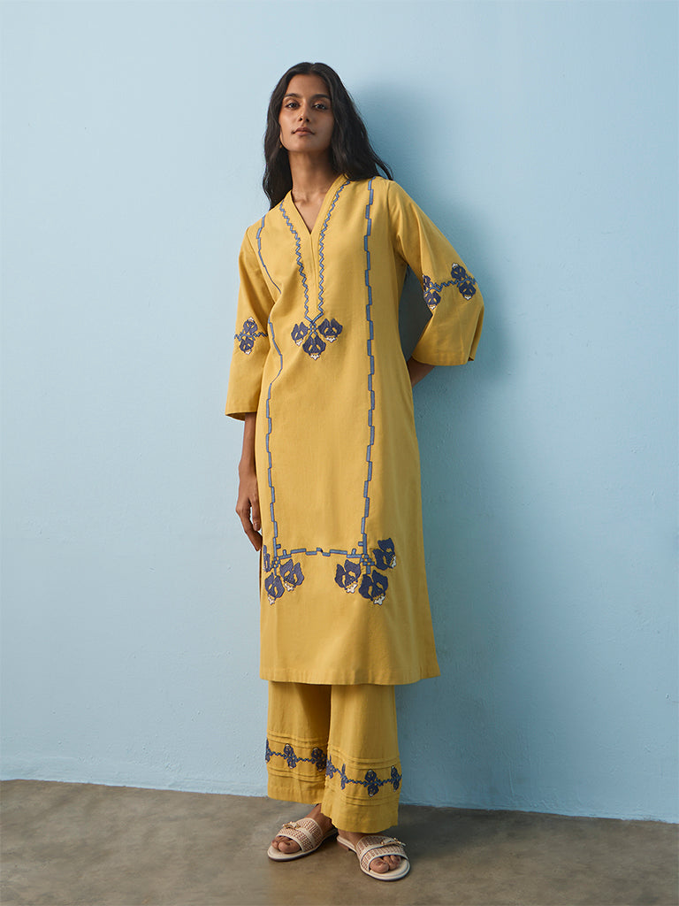 Utsa Yellow Embroidered Cotton-Blend A-Line Kurta