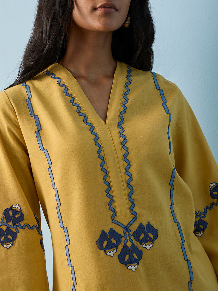 Utsa Yellow Embroidered Cotton-Blend A-Line Kurta