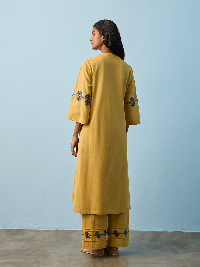 Utsa Yellow Embroidered Cotton-Blend A-Line Kurta