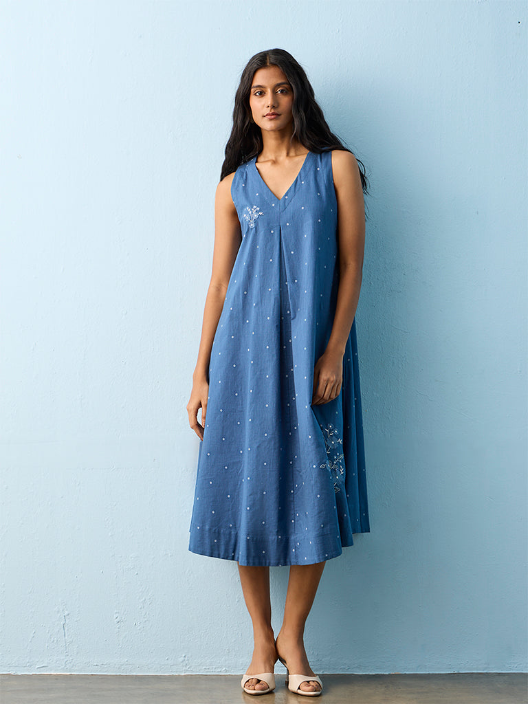 Utsa Blue Floral Embroidered Denim A-Line Dress