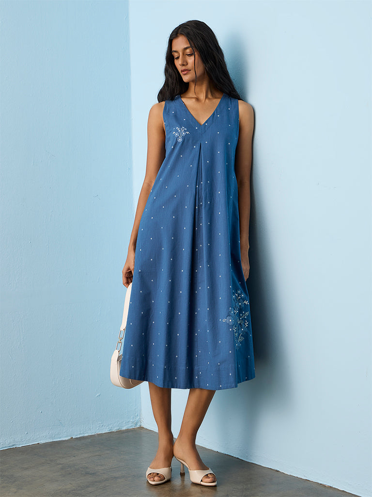 Utsa Blue Floral Embroidered Denim A-Line Dress