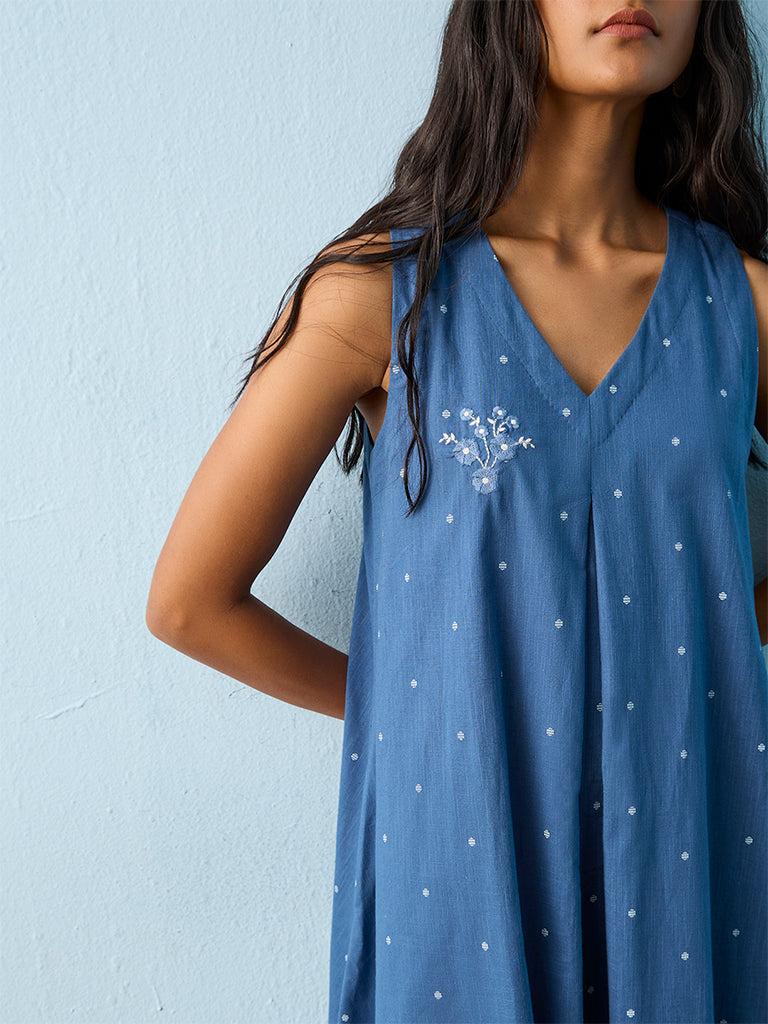 Utsa Blue Floral Embroidered Denim A-Line Dress