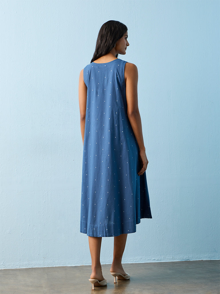 Utsa Blue Floral Embroidered Denim A-Line Dress