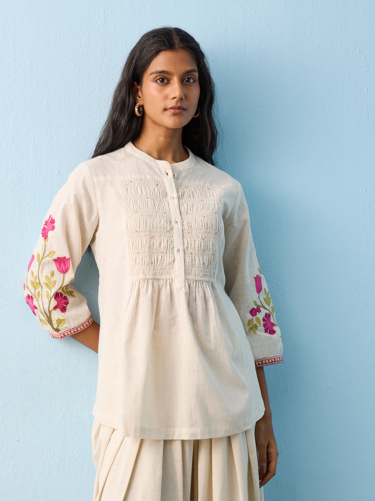 Utsa Light Beige Floral Pattern Cotton Tunic
