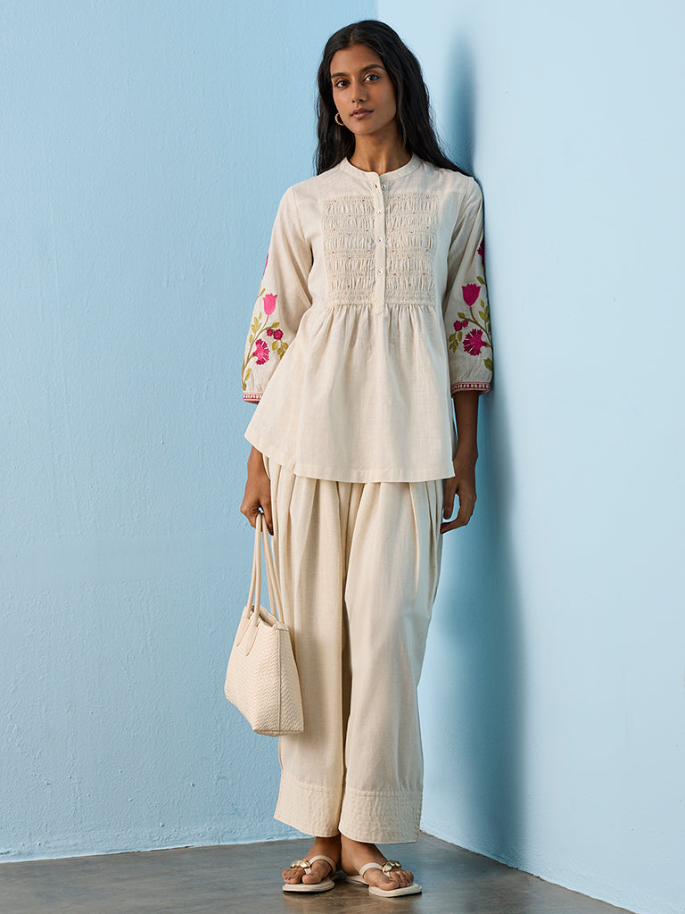 Utsa Light Beige Floral Pattern Cotton Tunic