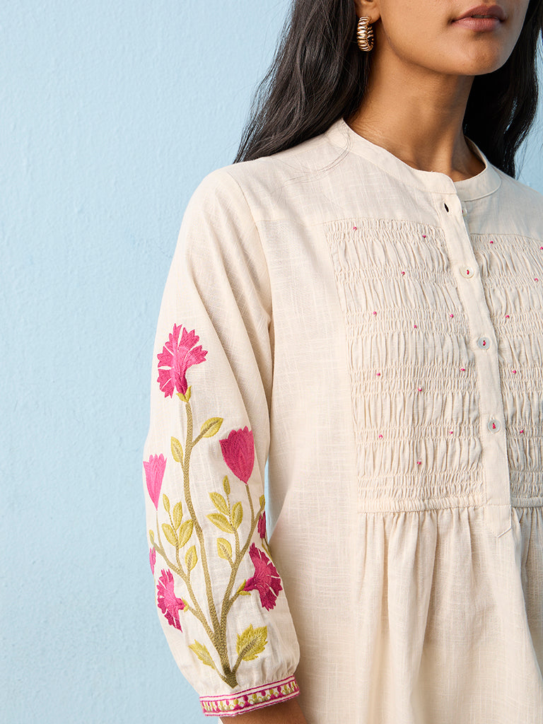 Utsa Light Beige Floral Pattern Cotton Tunic