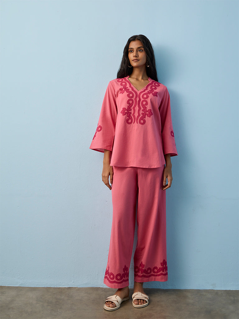 Utsa Pink Embroidered Cotton-Blend Tunic