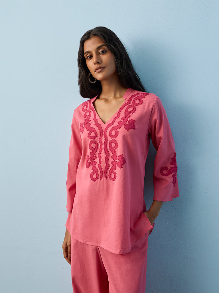 Utsa Pink Embroidered Cotton-Blend Tunic
