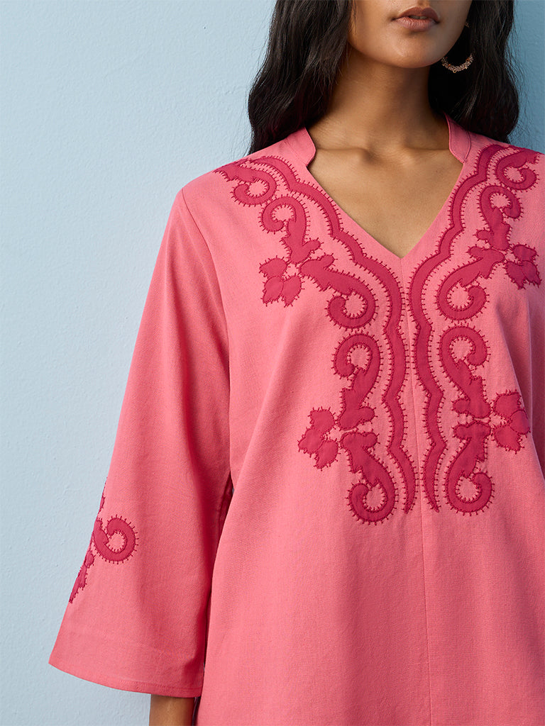 Utsa Pink Embroidered Cotton-Blend Tunic