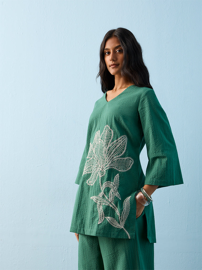 Utsa Green Floral Embroidered Cotton Kurti