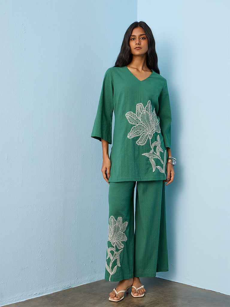 Utsa Green Floral Embroidered Cotton Kurti