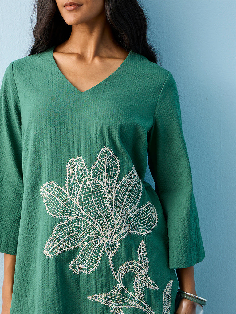 Utsa Green Floral Embroidered Cotton Kurti