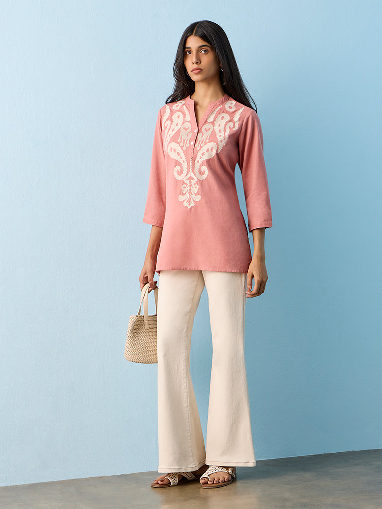 Utsa Blush Pink Paisley Embroidered Cotton-Blend Kurti
