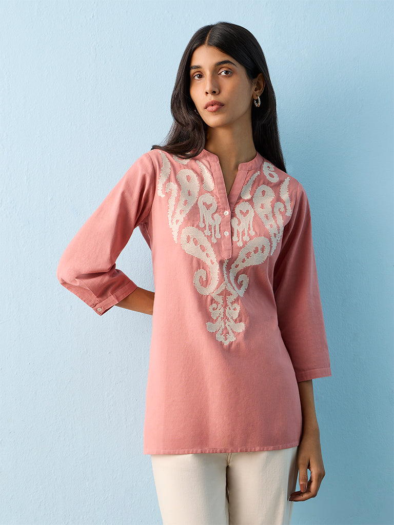 Utsa Blush Pink Paisley Embroidered Cotton-Blend Kurti