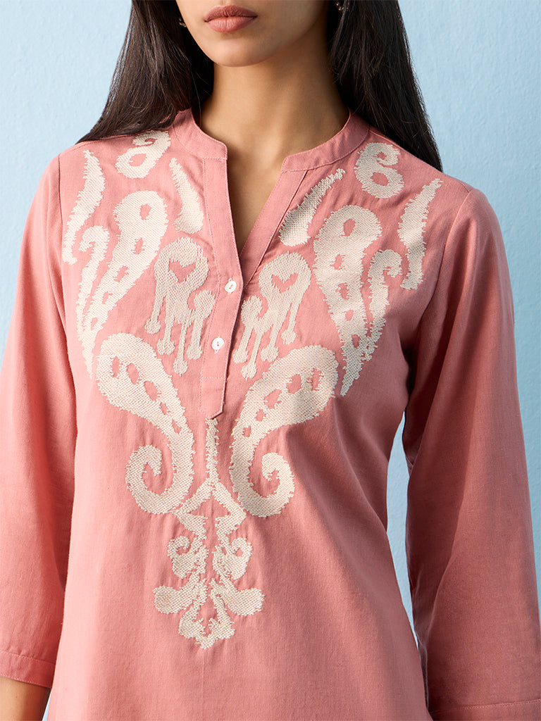 Utsa Blush Pink Paisley Embroidered Cotton-Blend Kurti