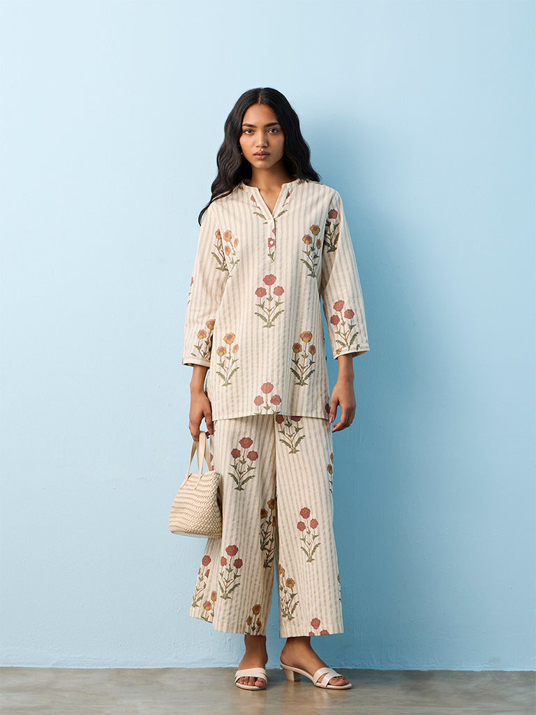 Utsa Off-White Floral Printed Cotton-Blend Tunic
