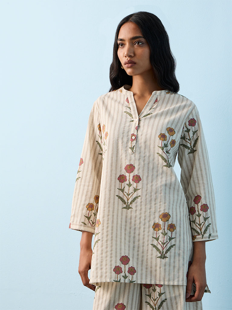 Utsa Off-White Floral Printed Cotton-Blend Tunic