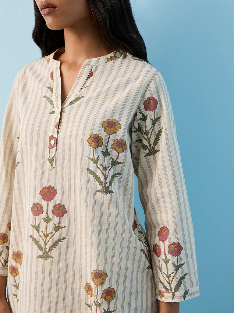 Utsa Off-White Floral Printed Cotton-Blend Tunic