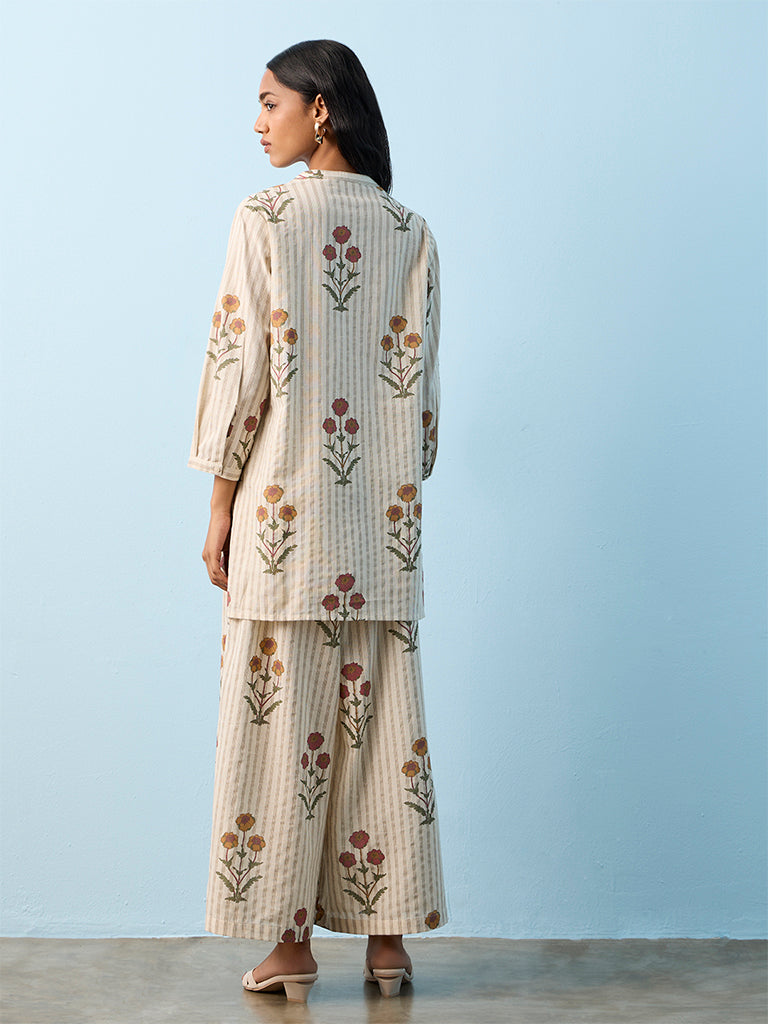 Utsa Off-White Floral Printed Cotton-Blend Tunic