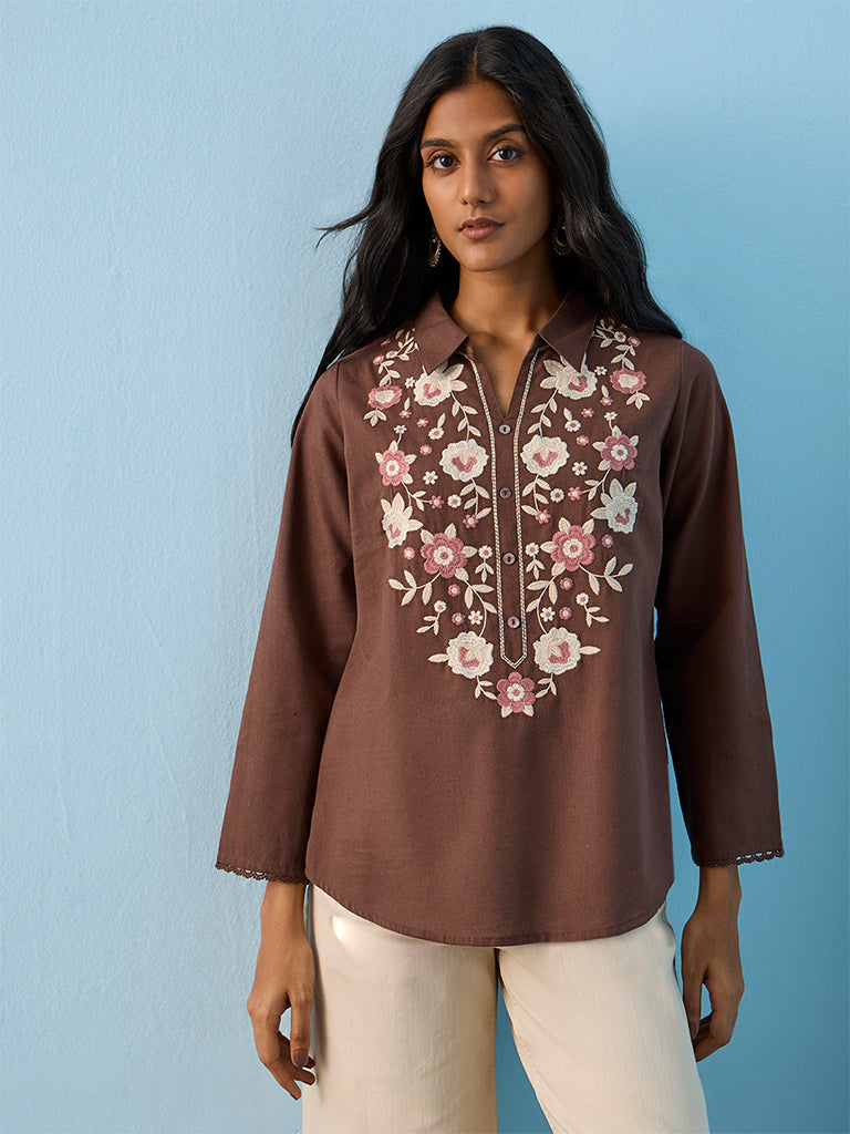 Utsa Dark Brown Floral Embroidered Cotton-Blend Tunic