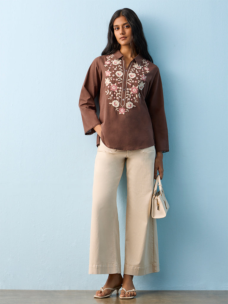 Utsa Dark Brown Floral Embroidered Cotton-Blend Tunic