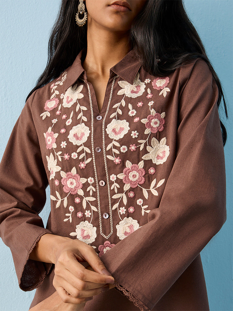 Utsa Dark Brown Floral Embroidered Cotton-Blend Tunic