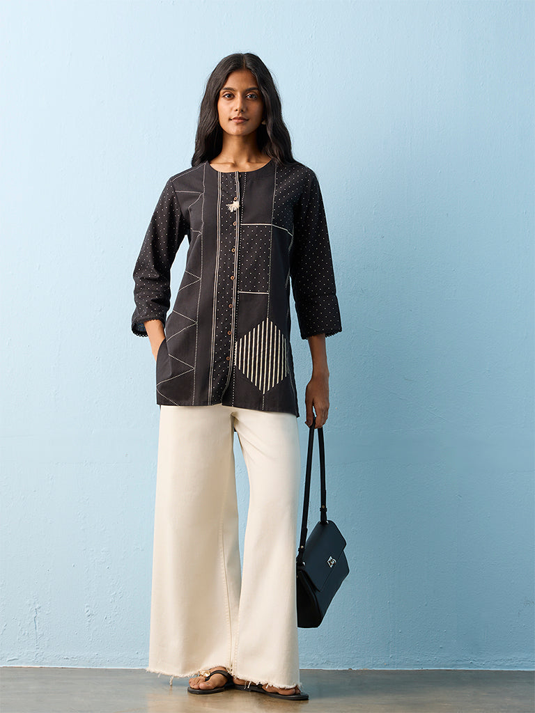 Utsa Black Geometric Pattern Cotton-Blend Kurti