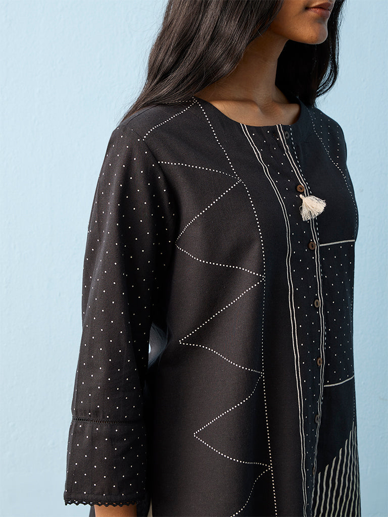 Utsa Black Geometric Pattern Cotton-Blend Kurti