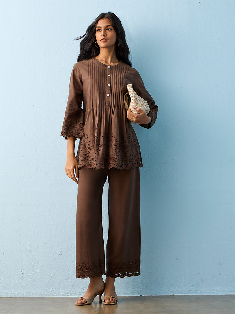 Utsa Brown Schiffli Design Cotton Tunic