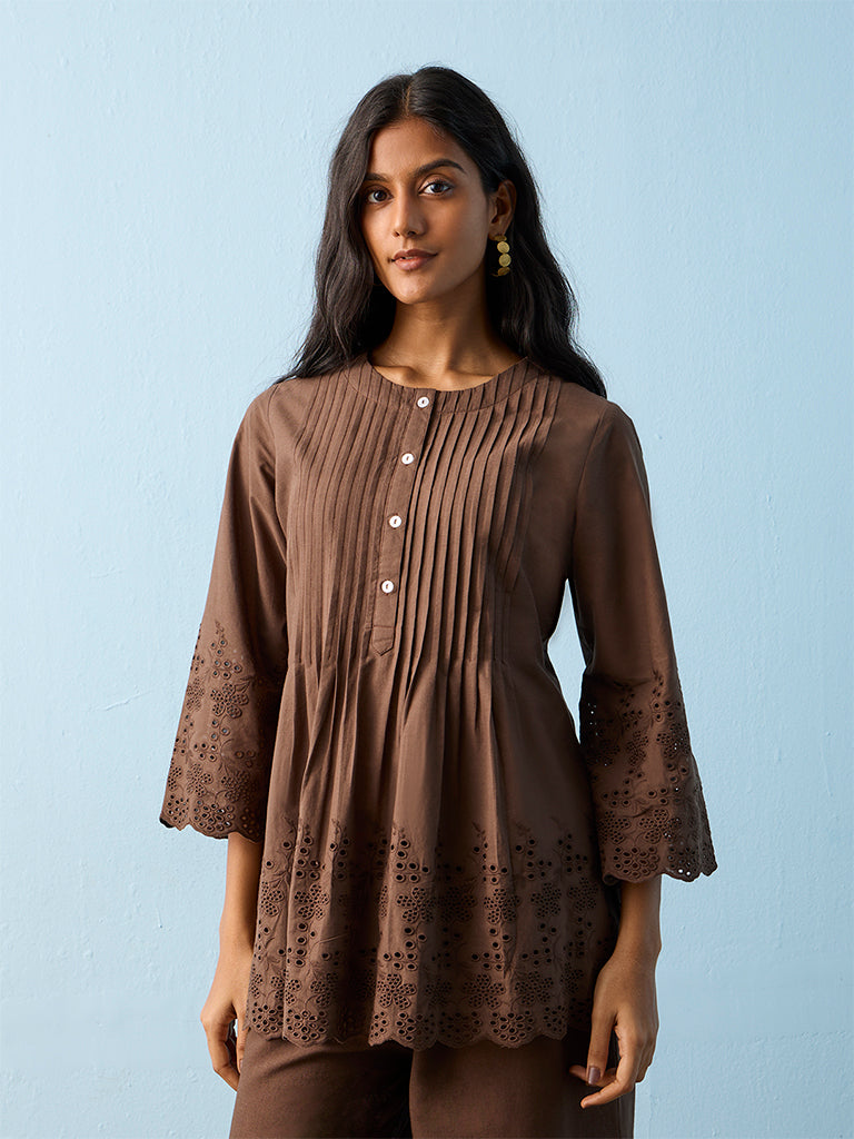 Utsa Brown Schiffli Design Cotton Tunic