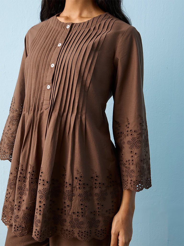 Utsa Brown Schiffli Design Cotton Tunic