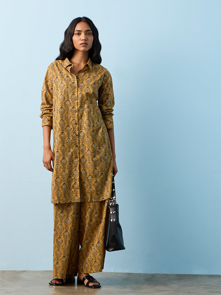 Utsa Mustard Printed Cotton Straight Kurta
