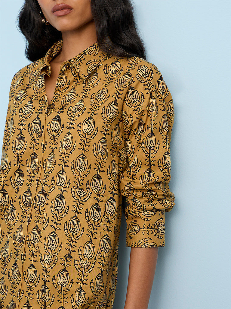 Utsa Mustard Printed Cotton Straight Kurta