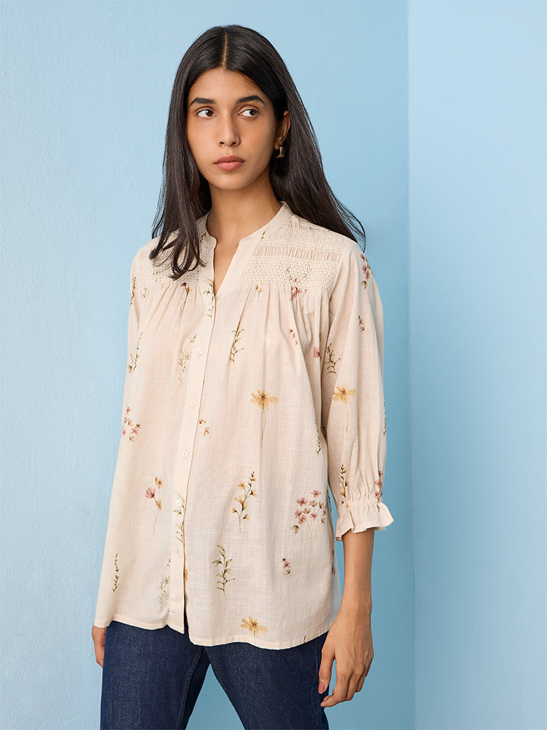 Utsa Light Beige Floral Printed Cotton Tunic